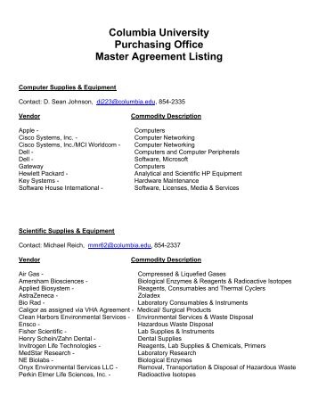 Columbia University Purchasing Office Master Agreement Listing