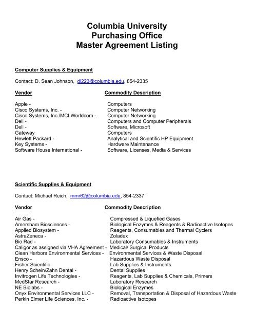 Columbia University Purchasing Office Master Agreement Listing