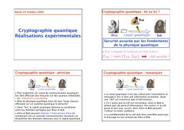 Cryptographie quantique RÃ©alisations expÃ©rimentales