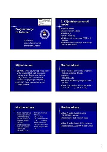 Programiranje za Internet 2. Klijentsko-serverski model Klijent ...