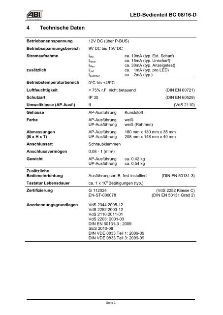 LED-Bedienteil BC 08/16-D 1 Allgemeines - ABI Sicherheitssysteme ...