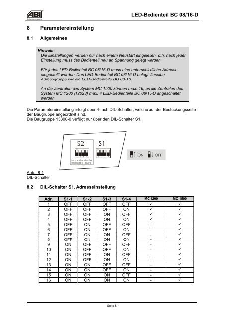 LED-Bedienteil BC 08/16-D 1 Allgemeines - ABI Sicherheitssysteme ...