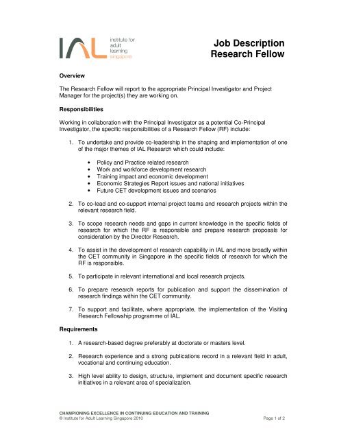 Job Description Research Fellow - Institute for Adult Learning ...