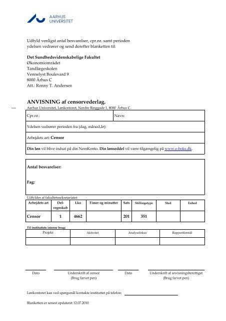 ANVISNING af censorvederlag. - Aarhus Universitet