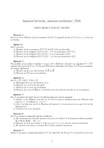 Anneaux factoriels, anneaux noethériens (TD8)