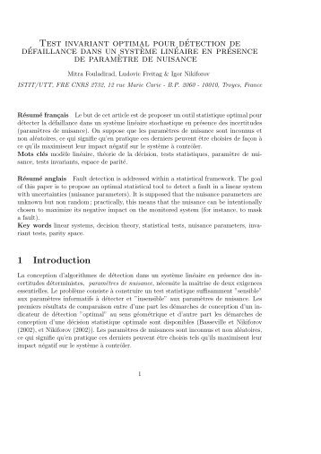 Test invariant optimal pour dÃ©tection de dÃ©faillance dans un syst ...