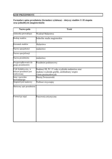 Formularz opisu przedmiotu (formularz sylabusa) – dotyczy studiów I ...