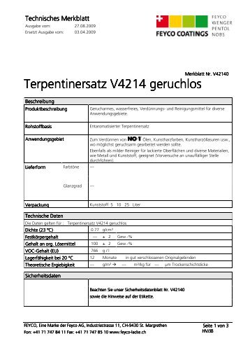 Terpentinersatz V4214 Geruchlos V42140 deutsch - bei FEYCO