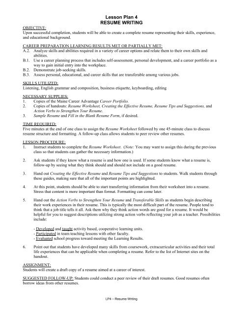 resume writing lesson plans