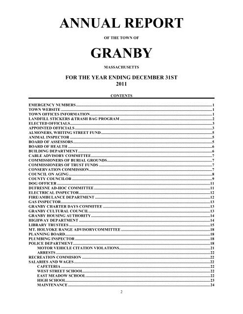 ANNUAL REPORT TOWN OF GRANBY MASSACHUSETTS FOR ...