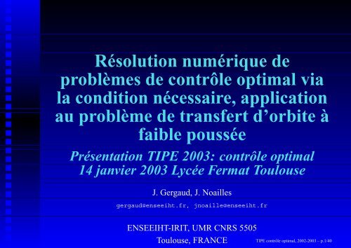 RÃ©solution numÃ©rique de problÃ¨mes de contrÃ´le optimal ... - Enseeiht