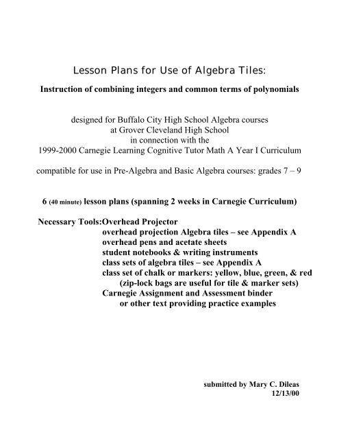 Lesson Plans for Use of Algebra Tiles: Instruction