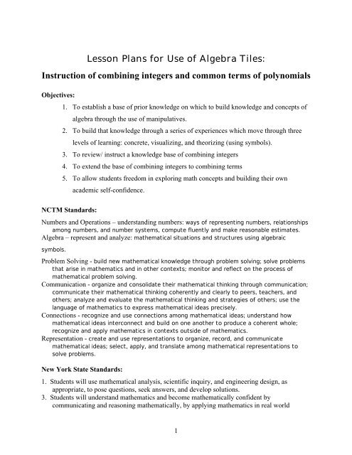 Lesson Plans for Use of Algebra Tiles: Instruction