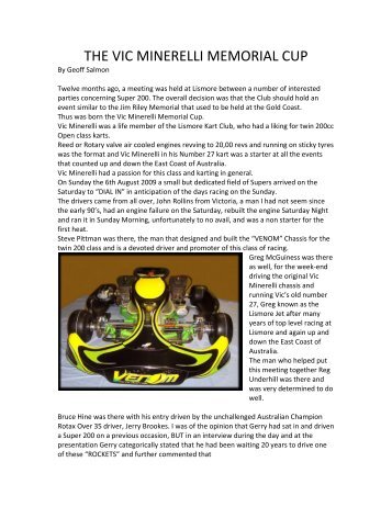 THE VIC MINERELLI MEMORIAL CUP - Lismore Kart Club.