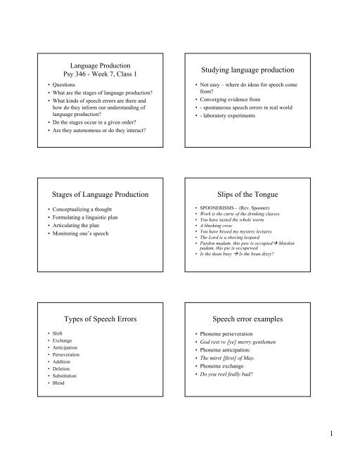 Stages of Language Production Slips of the Tongue - Tamu.edu