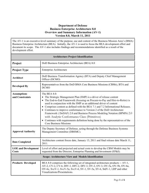 AV-1 Overview and Summary Information - Office of the Deputy ...