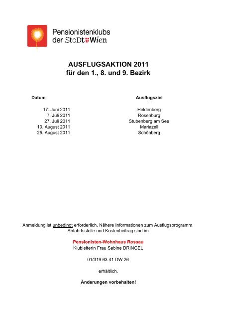 AUSFLUGSAKTION 2011 fÃ¼r den 1., 8. und 9. Bezirk