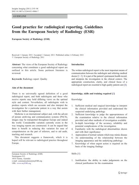 Good practice for radiological reporting. Guidelines ... - myESR.org