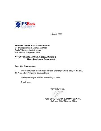 15 April 2011 THE PHILIPPINE STOCK EXCHANGE 3/F ... - PSBank