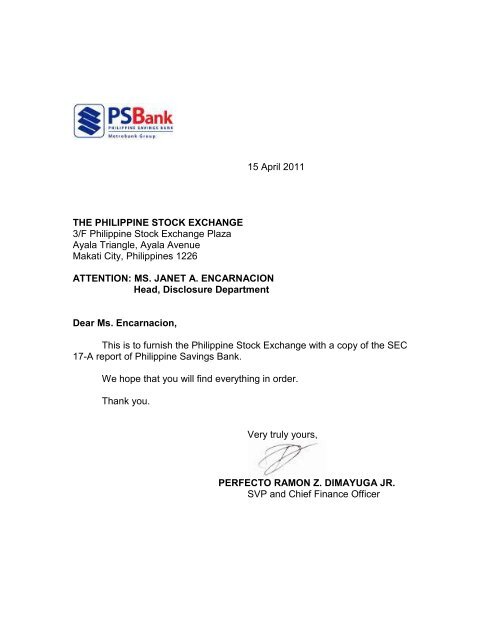 15 April 2011 THE PHILIPPINE STOCK EXCHANGE 3/F ... - PSBank
