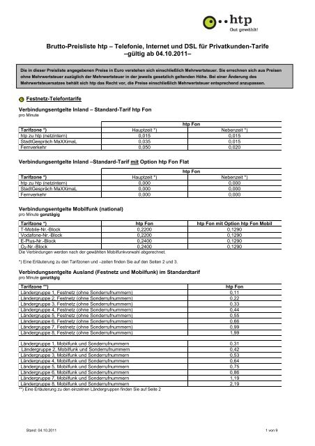 Brutto-Preisliste htp