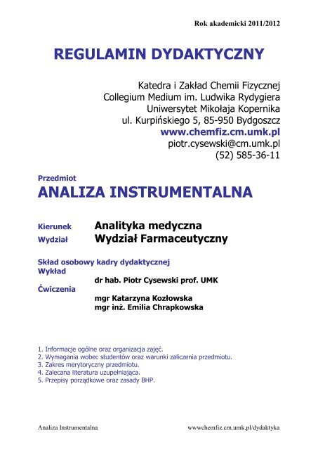 analiza instrumentalna - Katedra i ZakÅad Chemii Fizycznej ...