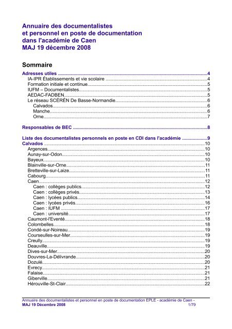 Annuaire des documentalistes et personnel en poste - CRDP Basse ...