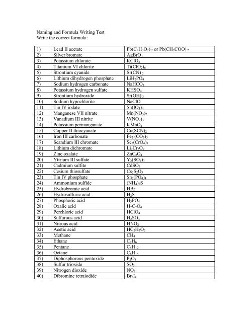 Naming And Formula Writing Test 8201