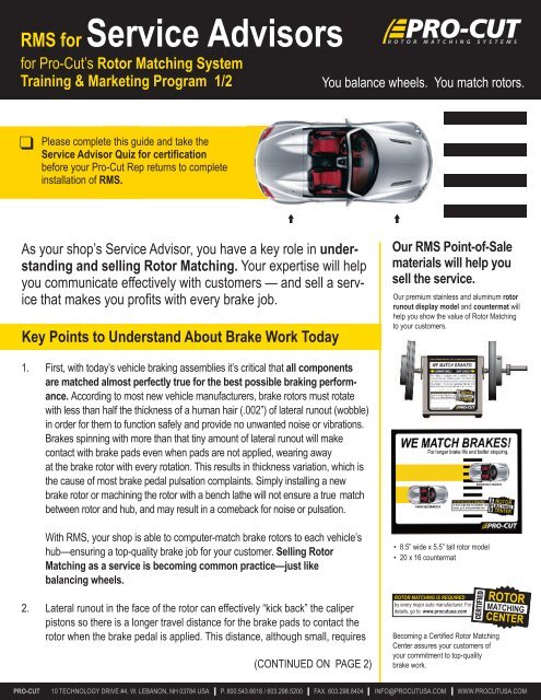 Service Advisor Study Guide - Pro-Cut USA On-Car Brake Lathes