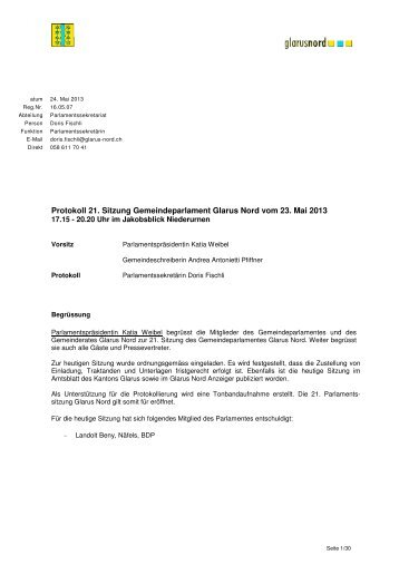 Protokoll der Sitzung vom 23. Mai 2013 - Gemeinde Glarus Nord