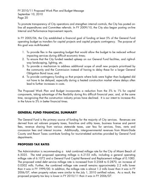 ProPosed FY 2010/11 Work Plan And Budget - City of Miami Beach