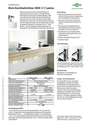 Klein-Durchlauferhitzer MDX 3 / 7 Lumino - Clage GmbH