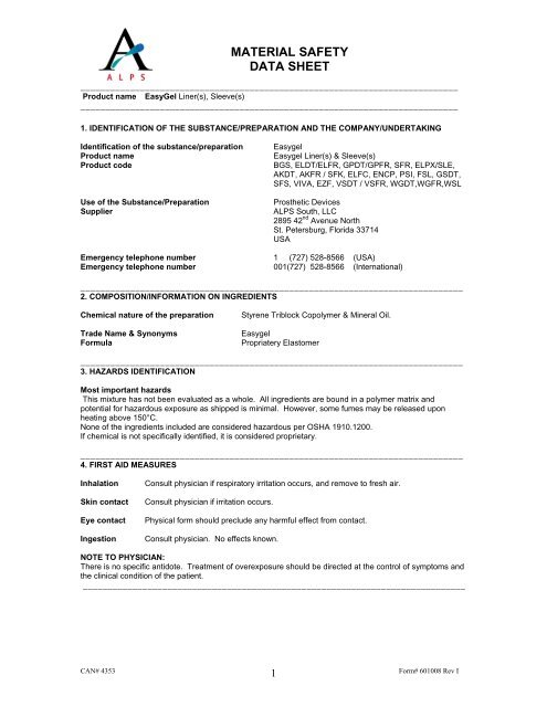 Alps Easy Liner Msds Opc Health