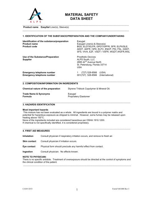 Alps Easy Liner MSDS - OPC Health