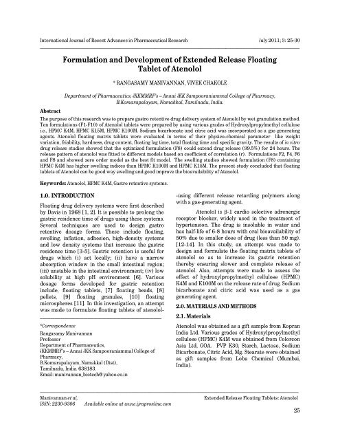 Formulation and Development of Extended Release Floating Tablet ...