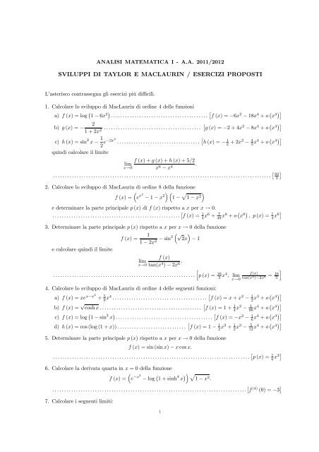 SVILUPPI DI TAYLOR E MACLAURIN / ESERCIZI PROPOSTI