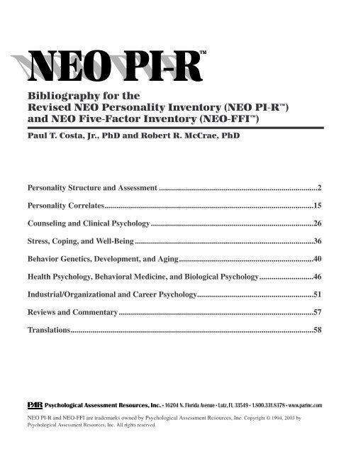 Neo Pi R Psychological Assessment Resources Inc