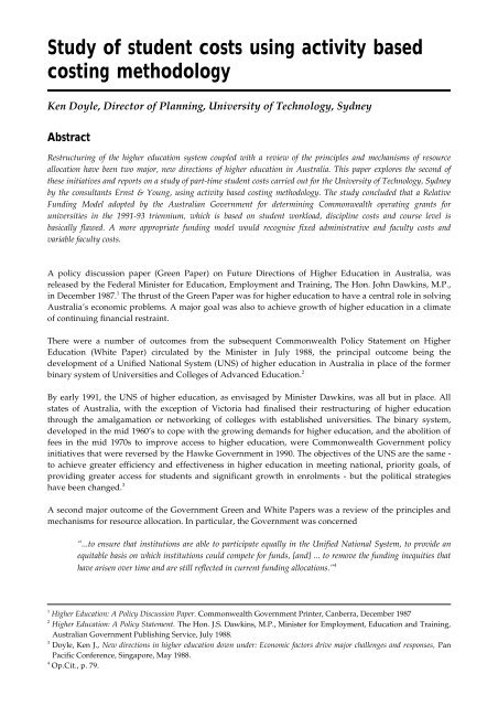 Study of student costs using activity based costing methodology - aair