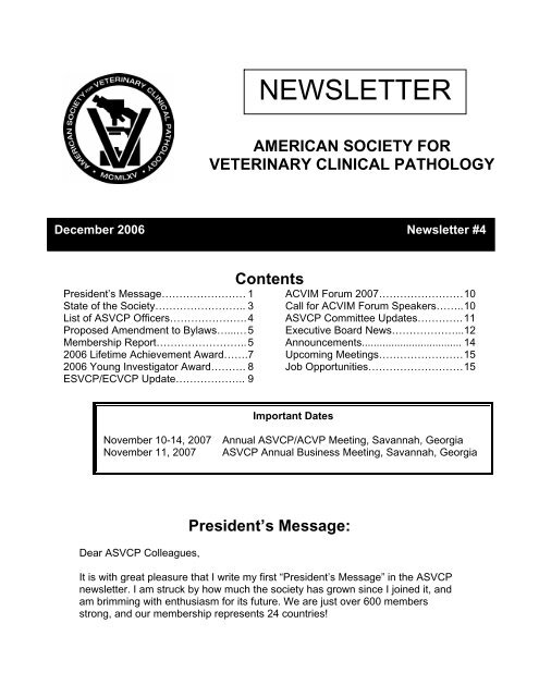 NEWSLETTER - American Society for Veterinary Clinical Pathology