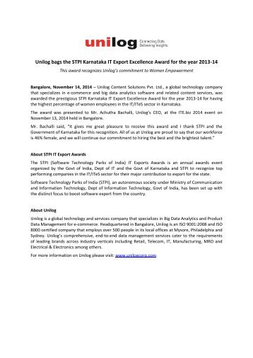 Unilog bags the STPI Karnataka IT Export Excellence Award for the year 2013-14