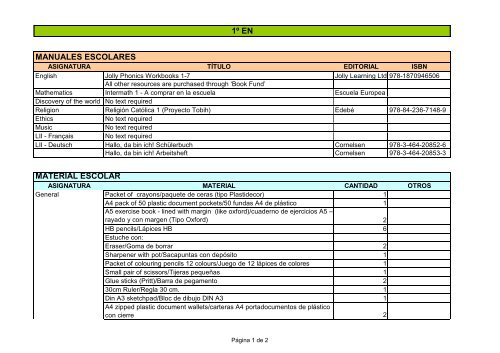 manuales escolares material escolar 1Âº en - Escuela Europea de ...