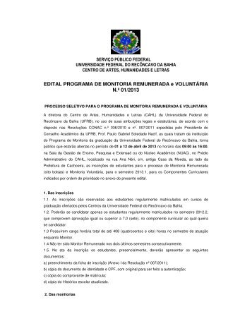 EDITAL PROGRAMA DE MONITORIA REMUNERADA e ... - UFRB