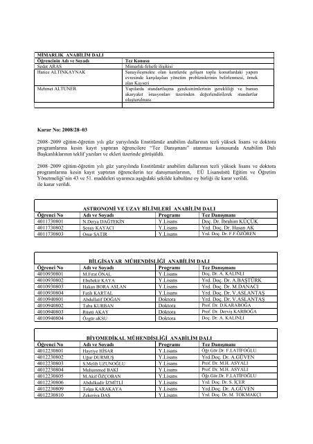 05-09-2008 tarih ve 28 nolu YKK - Fen Bilimleri Enstitüsü - Erciyes ...