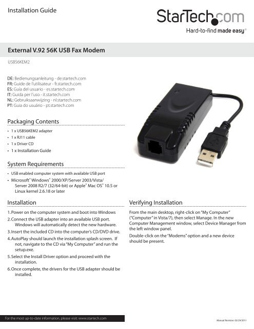 External V.92 56K USB Fax Modem Installation Guide - StarTech.com