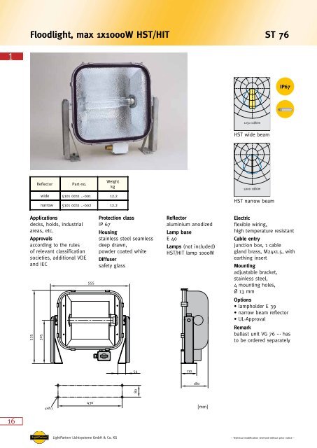 1 ST 76 Floodlight,  max 1x1000W HST/HIT - LightPartner