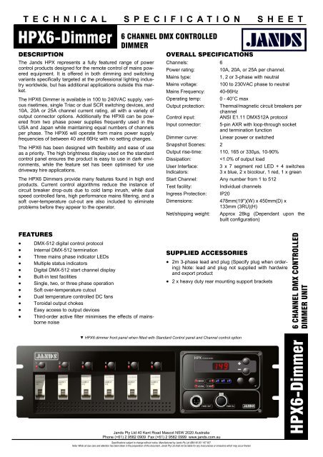 HPX 6 Dimmer Technical Specification Sheet - Jands