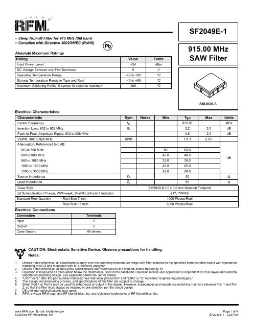 915.00 MHz SAW Filter SF2049E-1 - RF Monolithics, Inc.