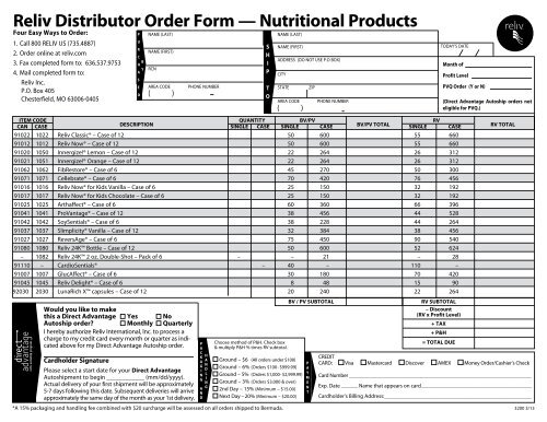 Reliv Distributor Order Form — Nutritional Products