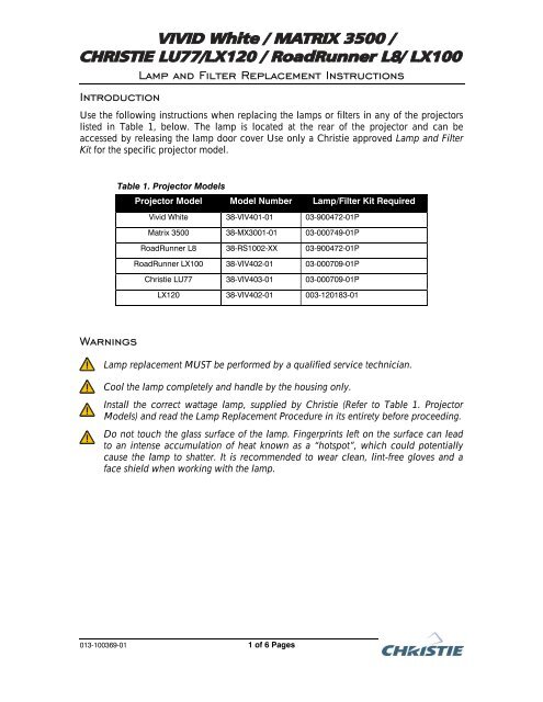 Lamp and Filter Replacement Instructions Introduction ... - Christie