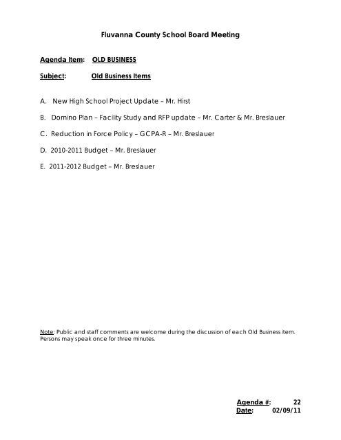 02.11.2011 Regular School Board Meeting - Fluvanna County ...